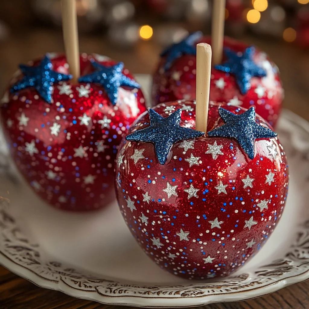 Festive red, white, and blue candy apples for 4th of July celebrations