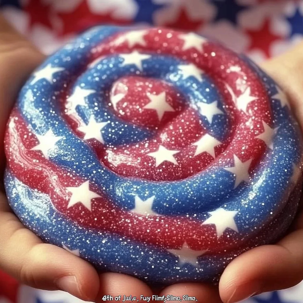 Colorful 4th of July fluffy slime with red, white, and blue colors for festive fun.