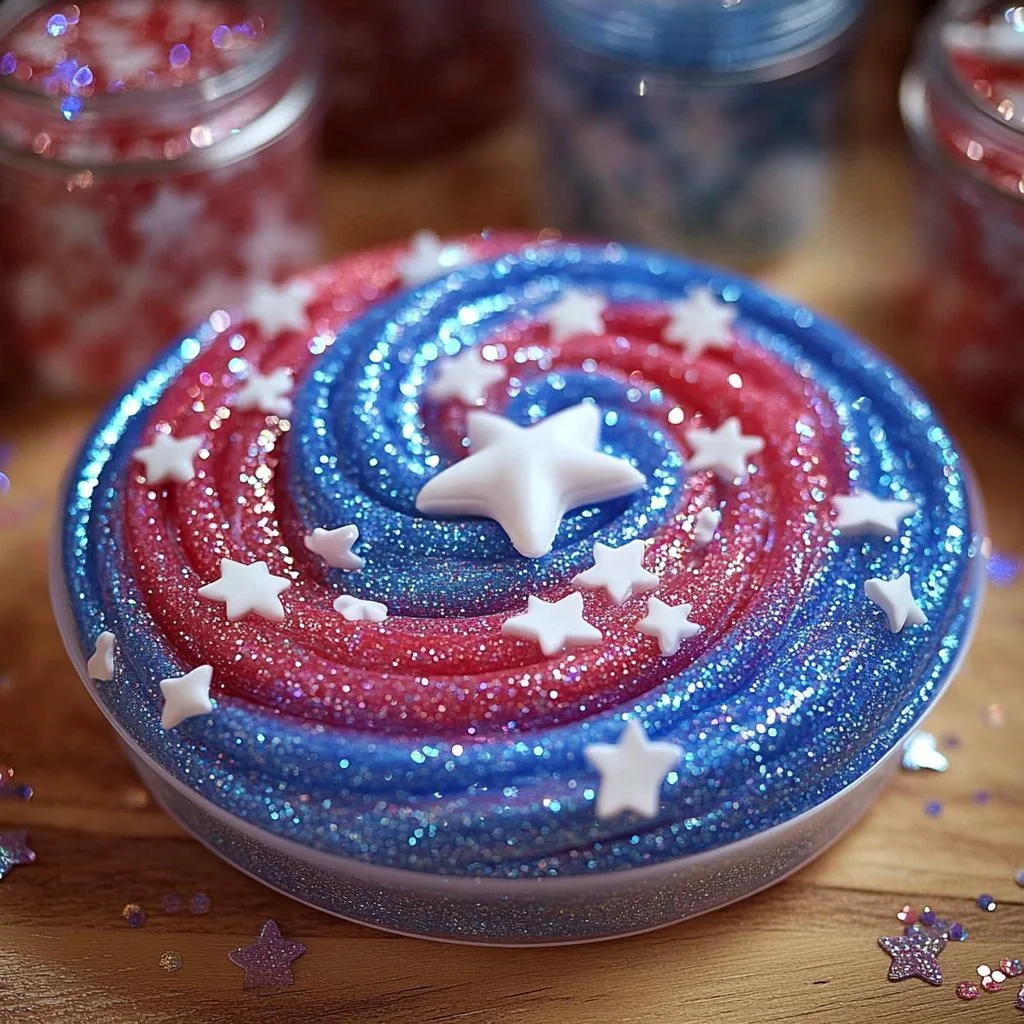 Vibrant 4th of July glitter slime in red, white, and blue colors
