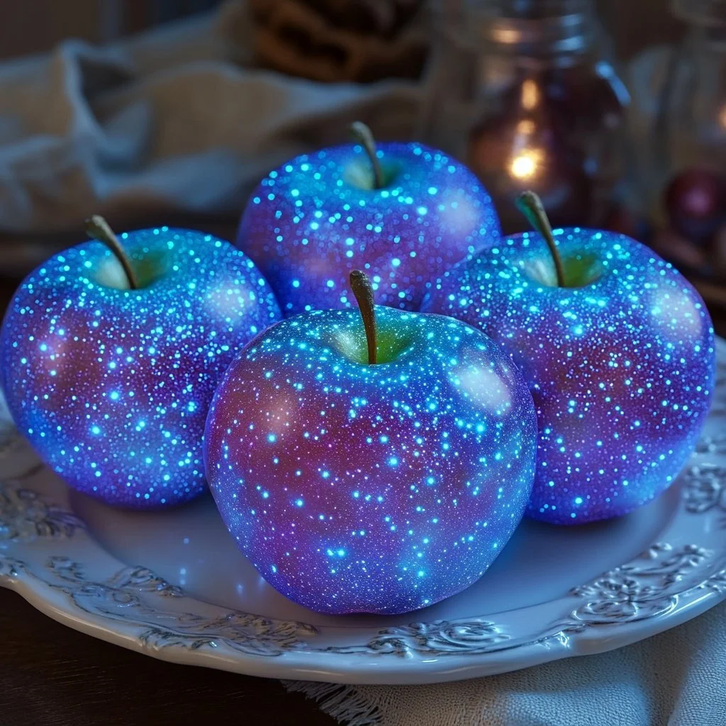 Festive 4th of July glow-in-the-dark candy apples on a table