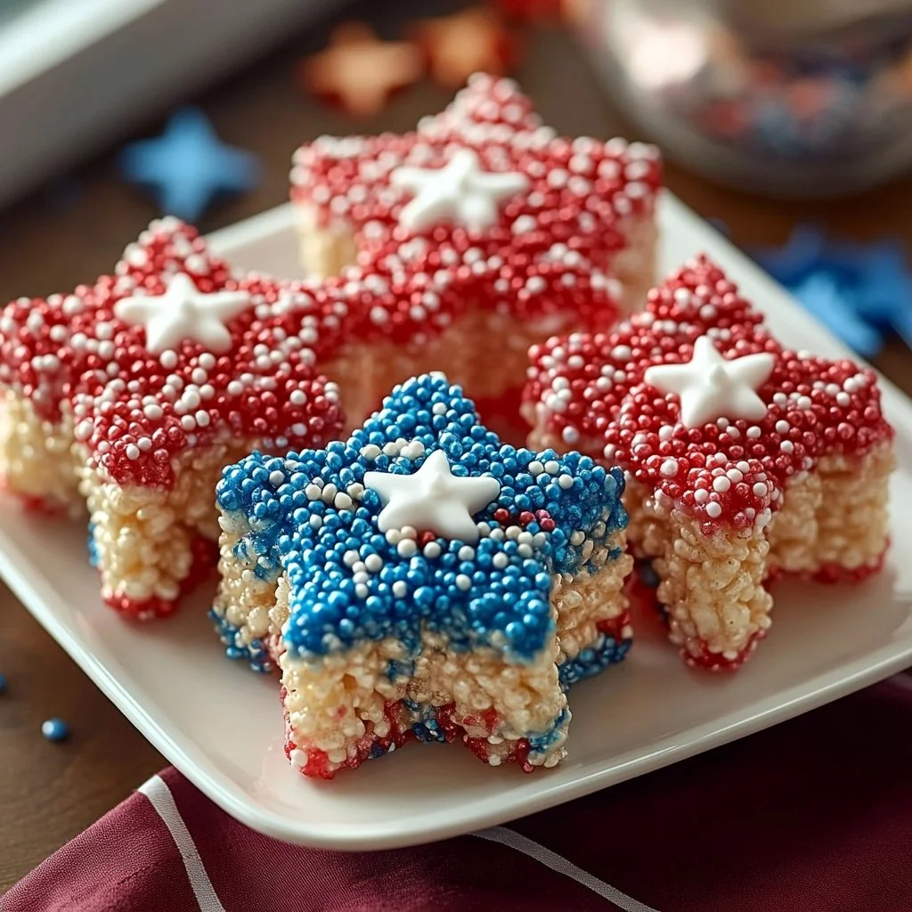 4th of July themed Rice Krispie Treats with red, white, and blue decorations
