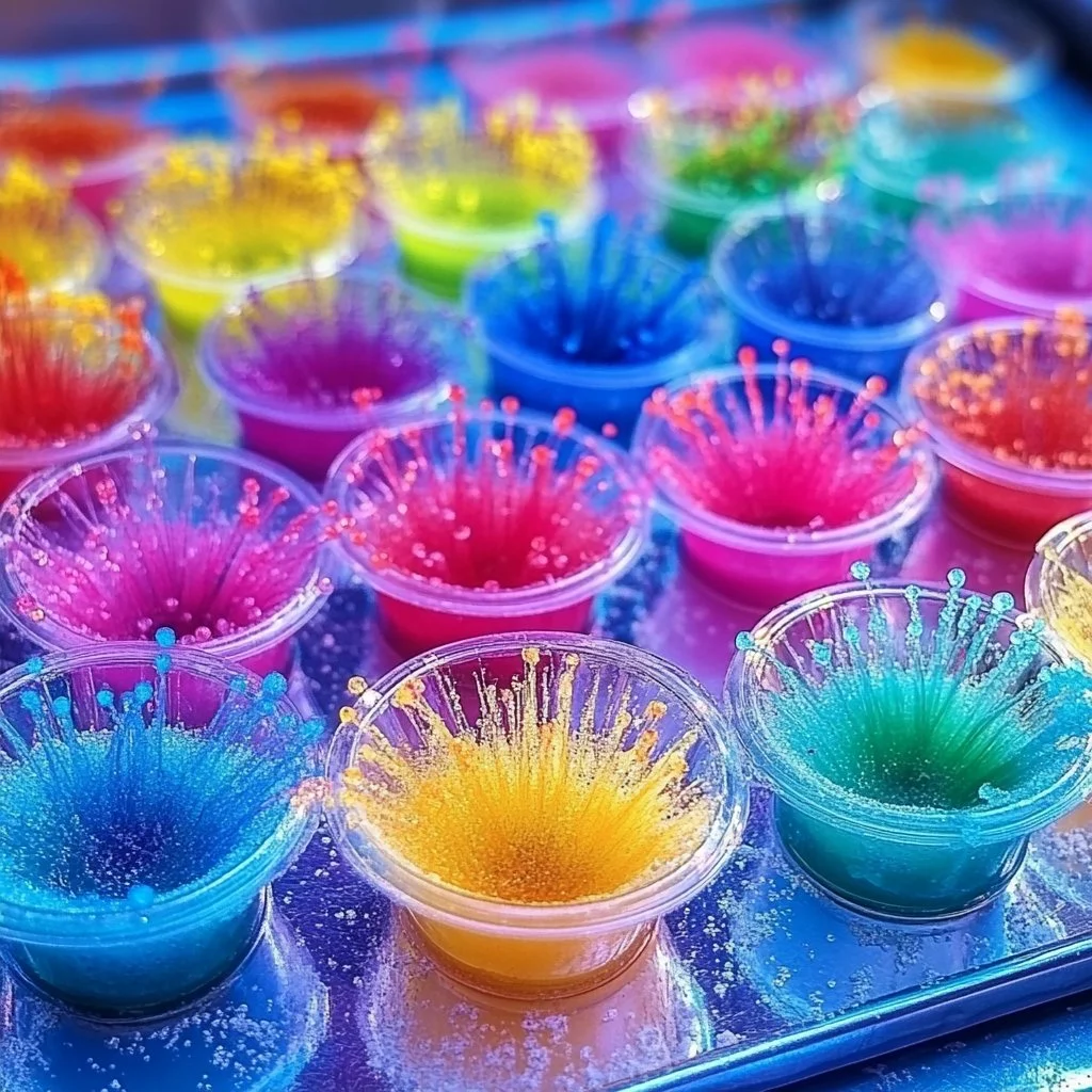Baking soda and vinegar reaction creating colorful fireworks effect.