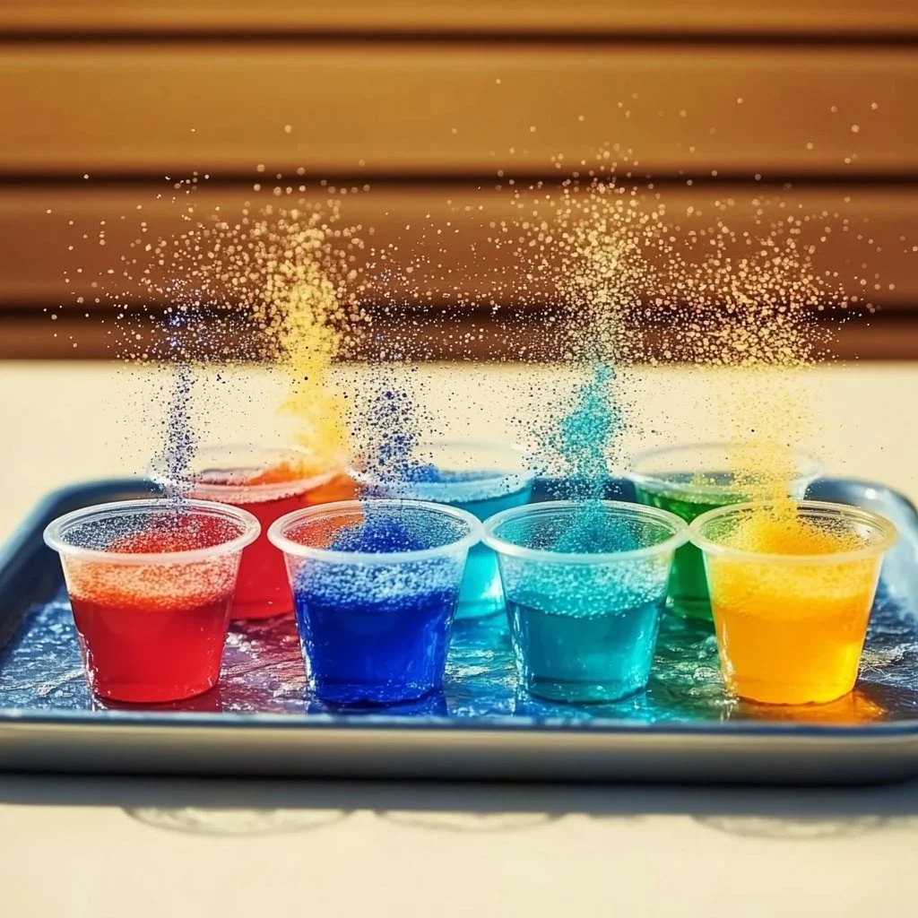 Kids conducting a baking soda and vinegar fireworks experiment.