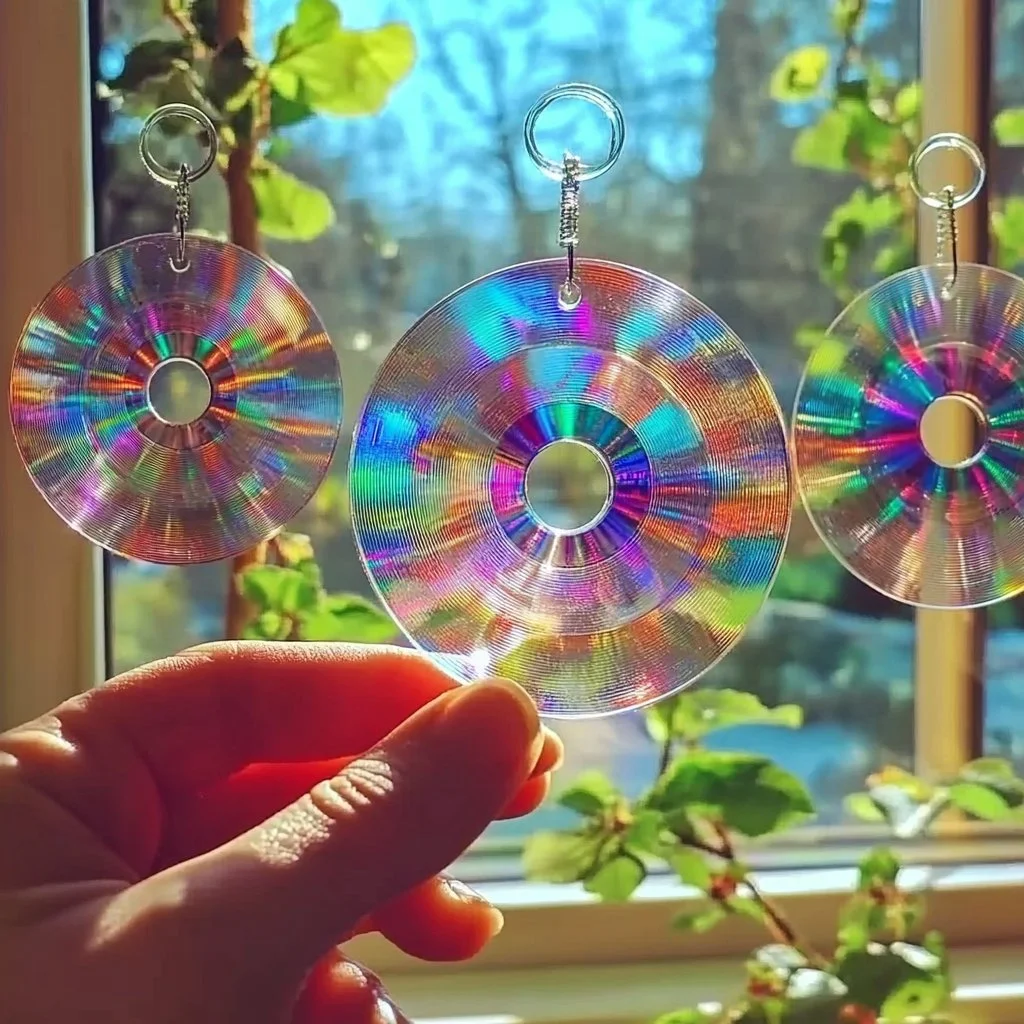Colorful CD suncatchers reflecting light in a bright indoor space