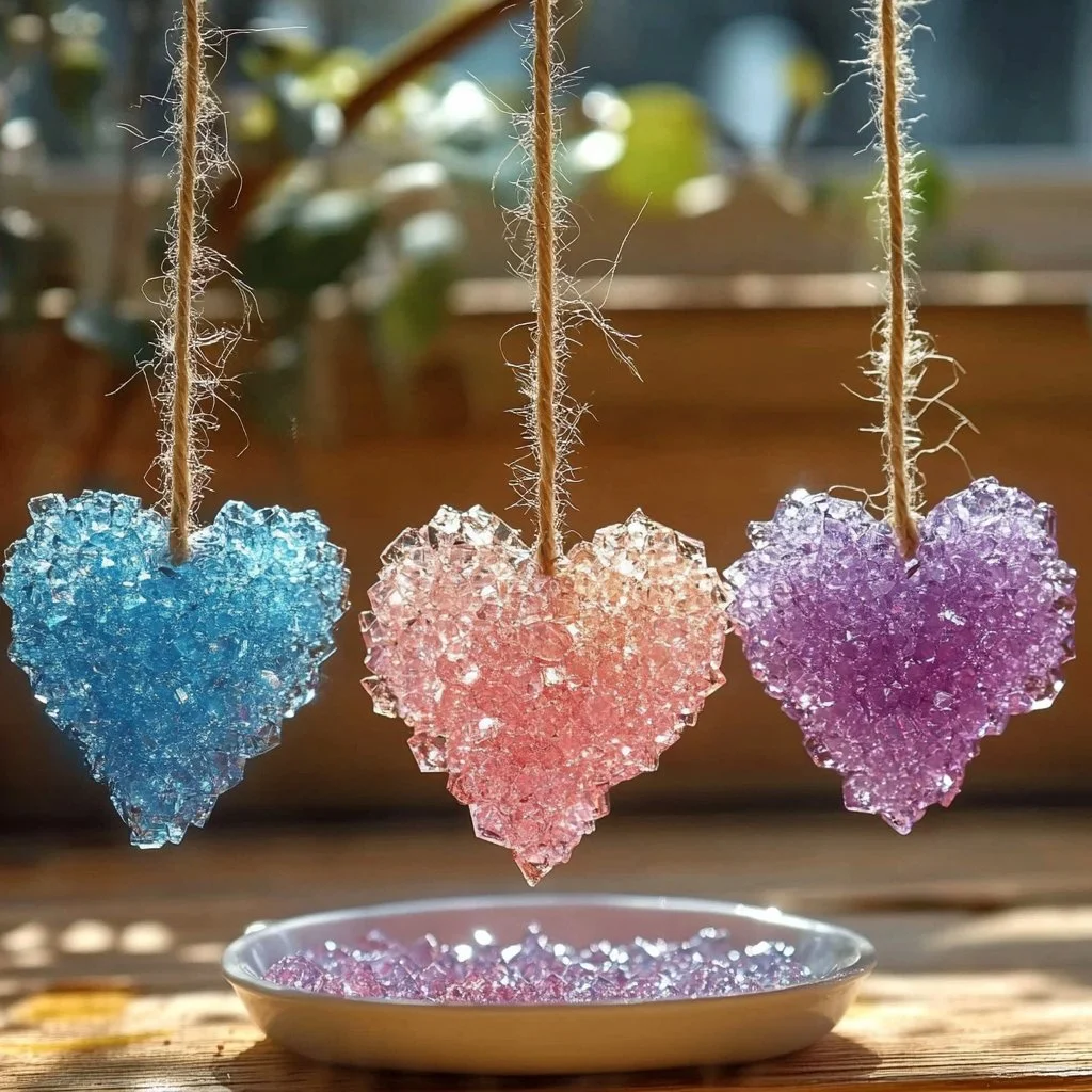 Colorful DIY Borax Crystals formed in a clear solution.