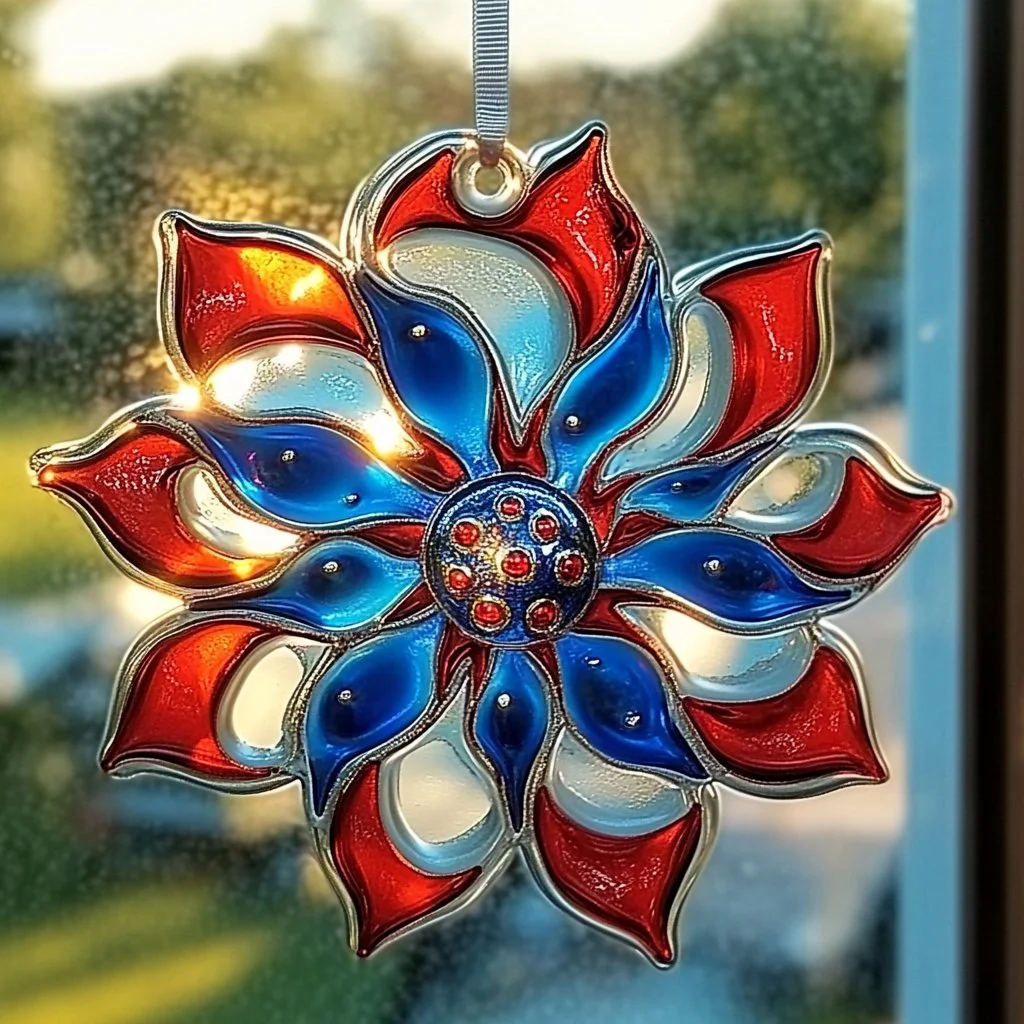 Colorful DIY suncatchers hanging in a window catching sunlight.