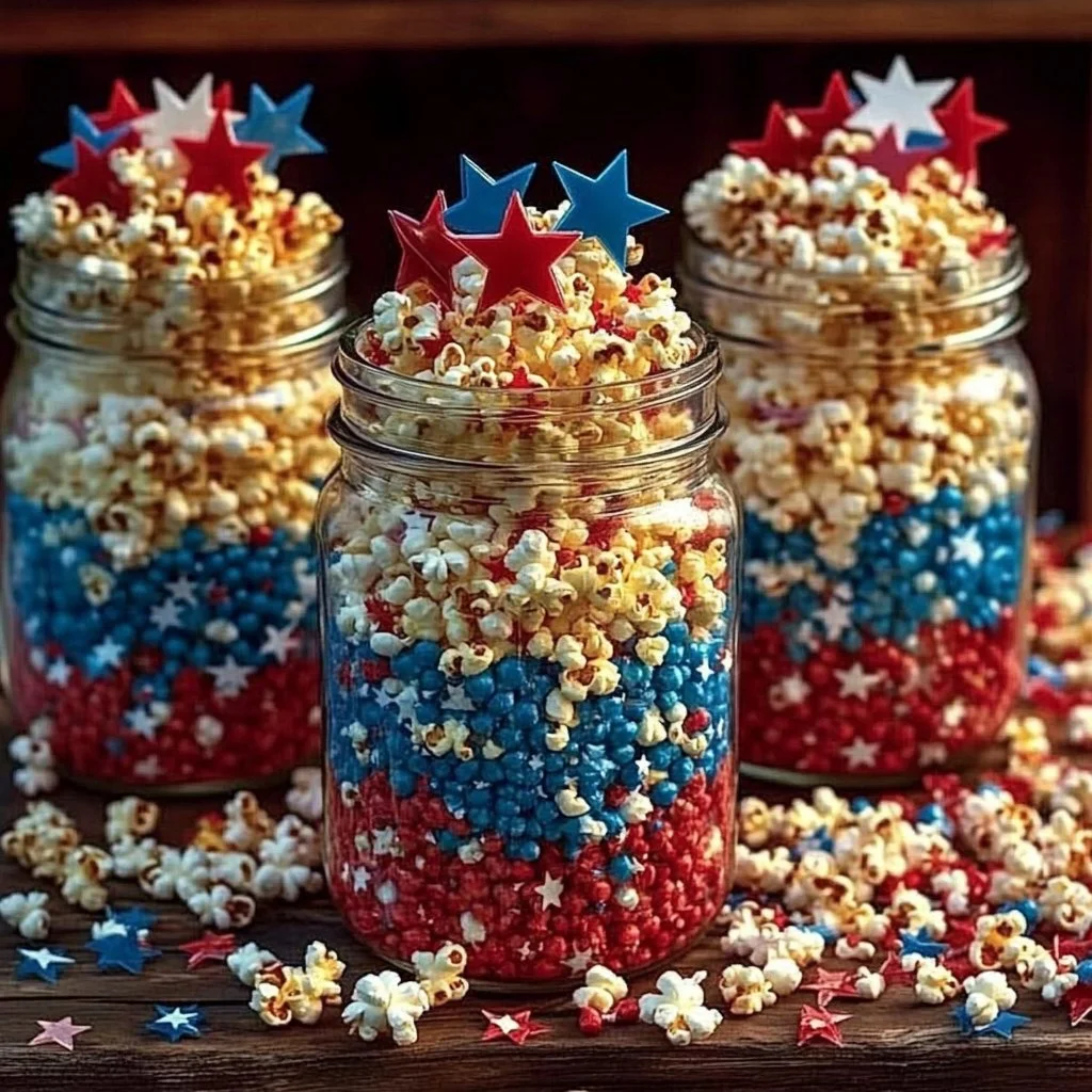Colorful firecracker popcorn jars filled with delicious flavored popcorn