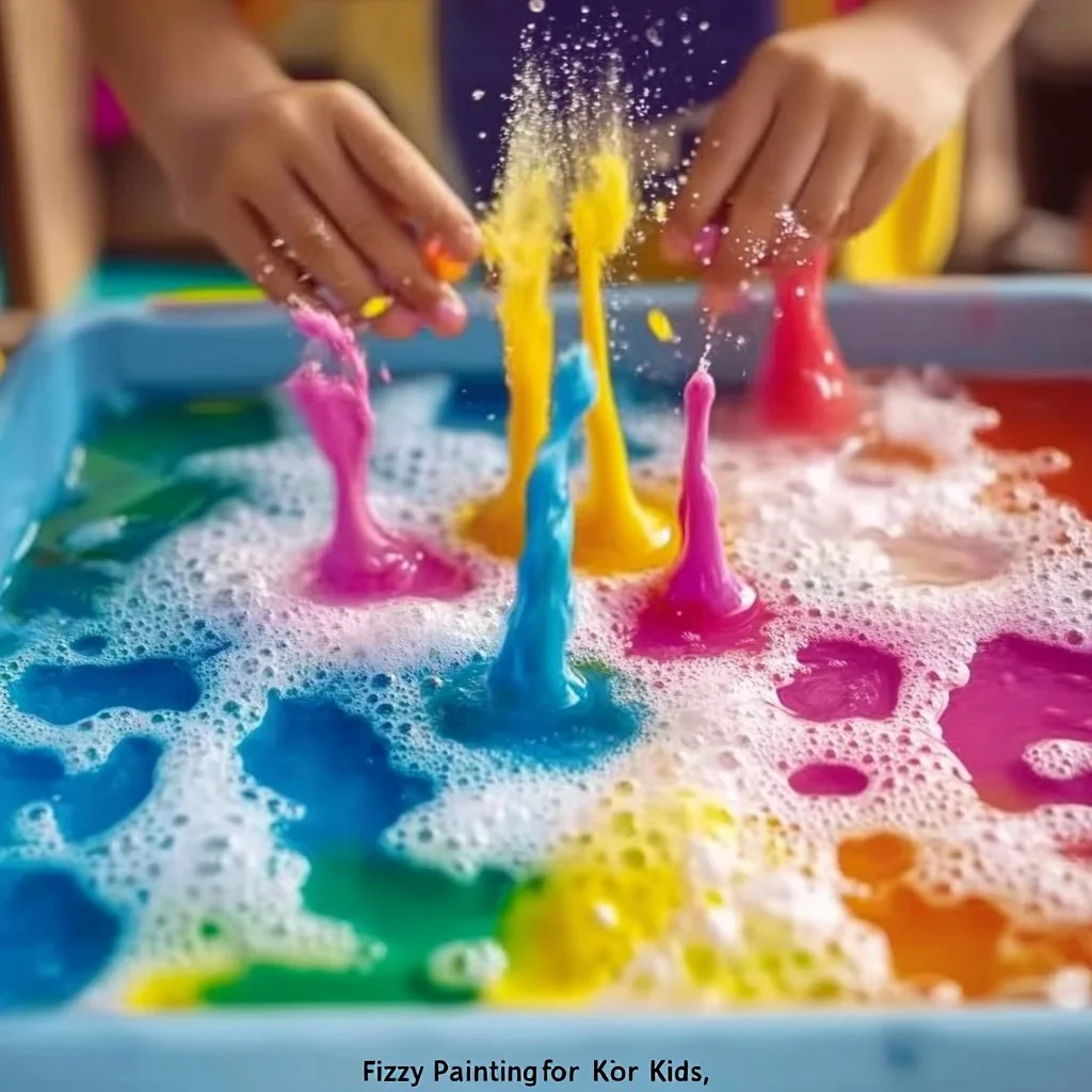 Children engaged in fizzy painting activity using colorful baking soda and vinegar.