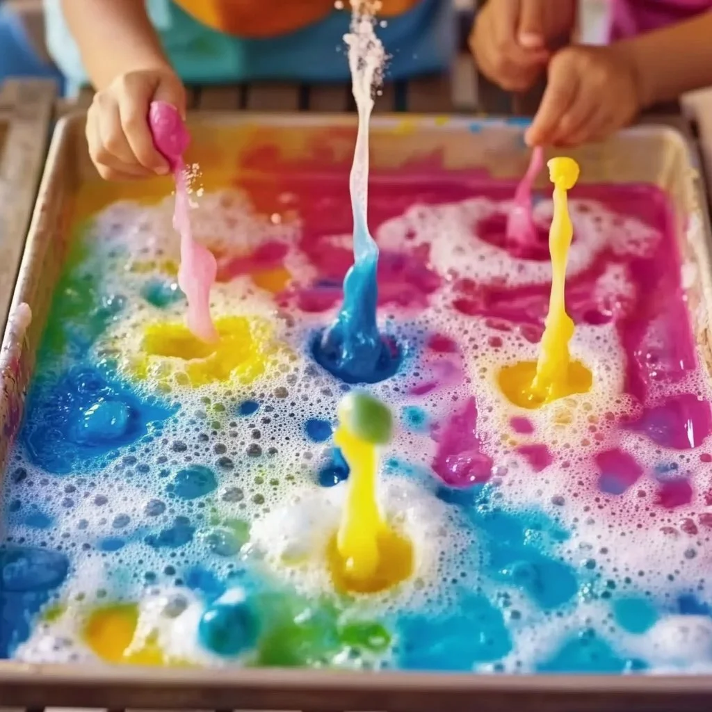 Kids enjoying fizz painting activity with vibrant colors and fun effects.