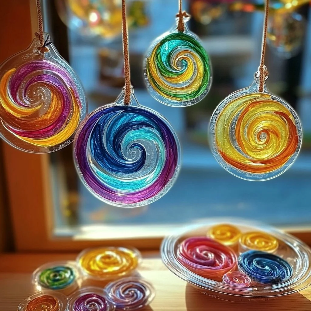 Colorful DIY glue suncatchers hanging in a window, casting beautiful light patterns.