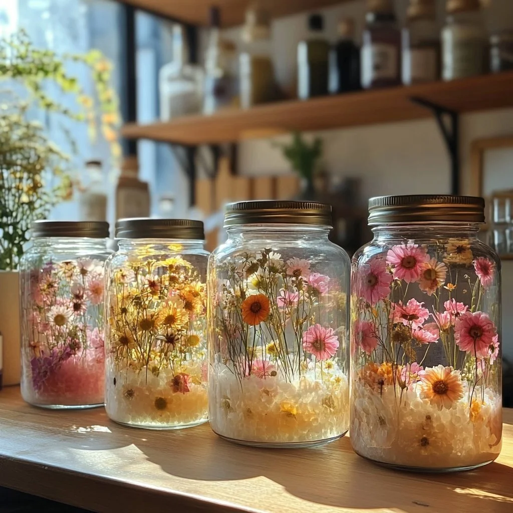Homemade gel air fresheners in various colors and scents displayed in jars.