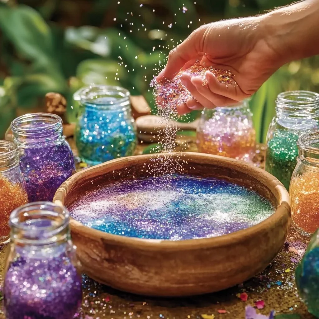 Children engaging in an outdoor potion experiment with colorful mixtures.