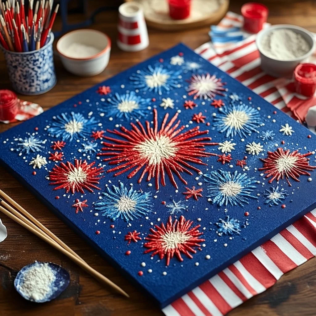 Colorful puffy painted fireworks art piece showcasing vibrant textures.