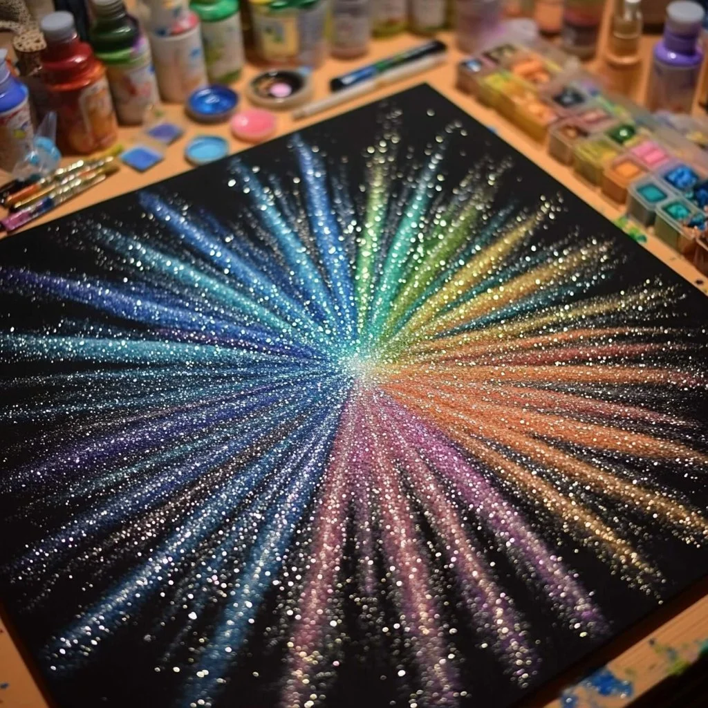Colorful fireworks painting created with salt and glue technique