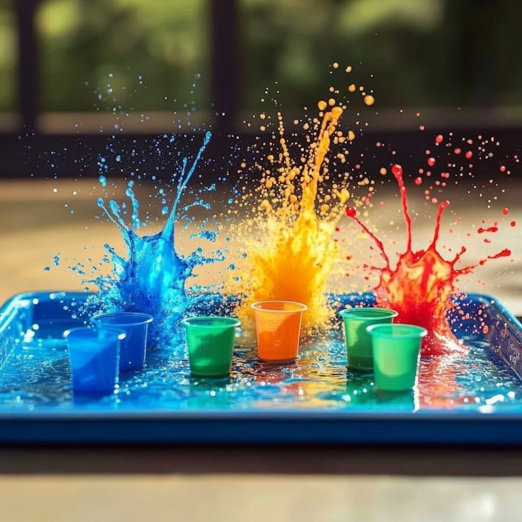 Baking soda and vinegar experiment creating colorful fireworks in a container.