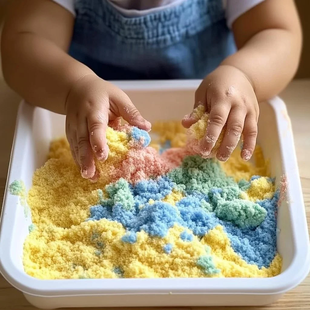 A colorful bowl of homemade kinetic sand without cornstarch.