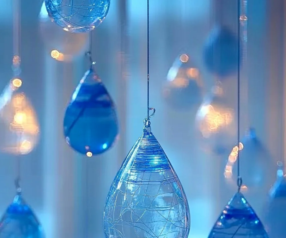 Colorful Blue Crayon Raindrop Suncatchers catching sunlight