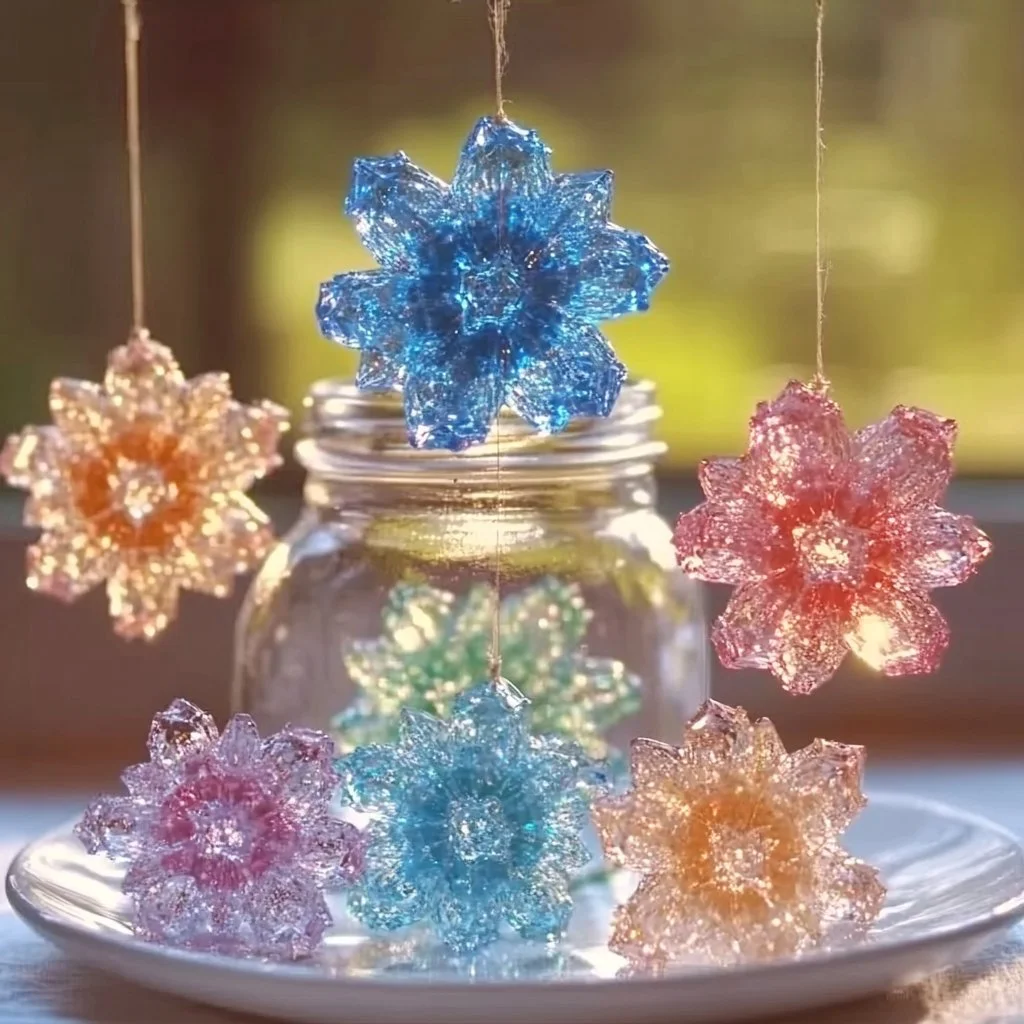 Vibrant Borax crystal flowers created in colorful shapes.