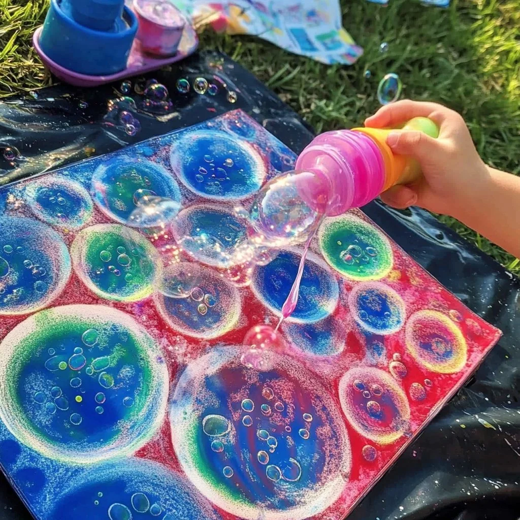Colorful bubble painting activity with children creating art using bubbles.