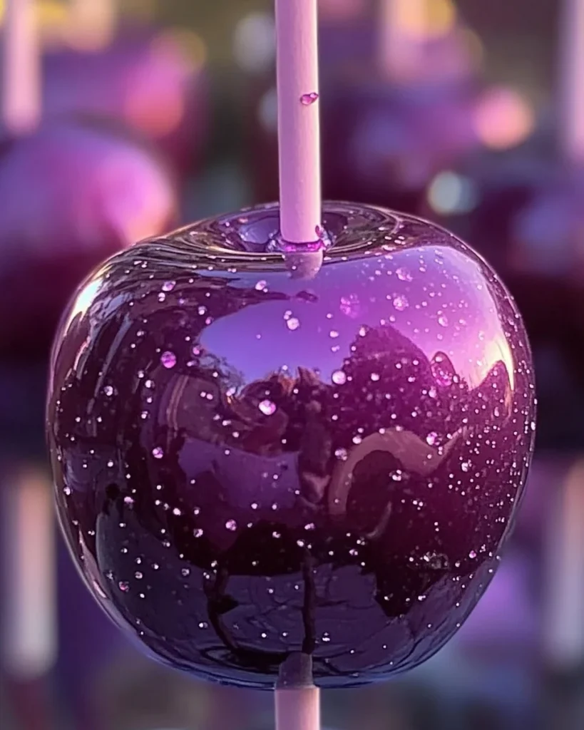 A colorful assortment of candy apples with shiny coatings and festive toppings.