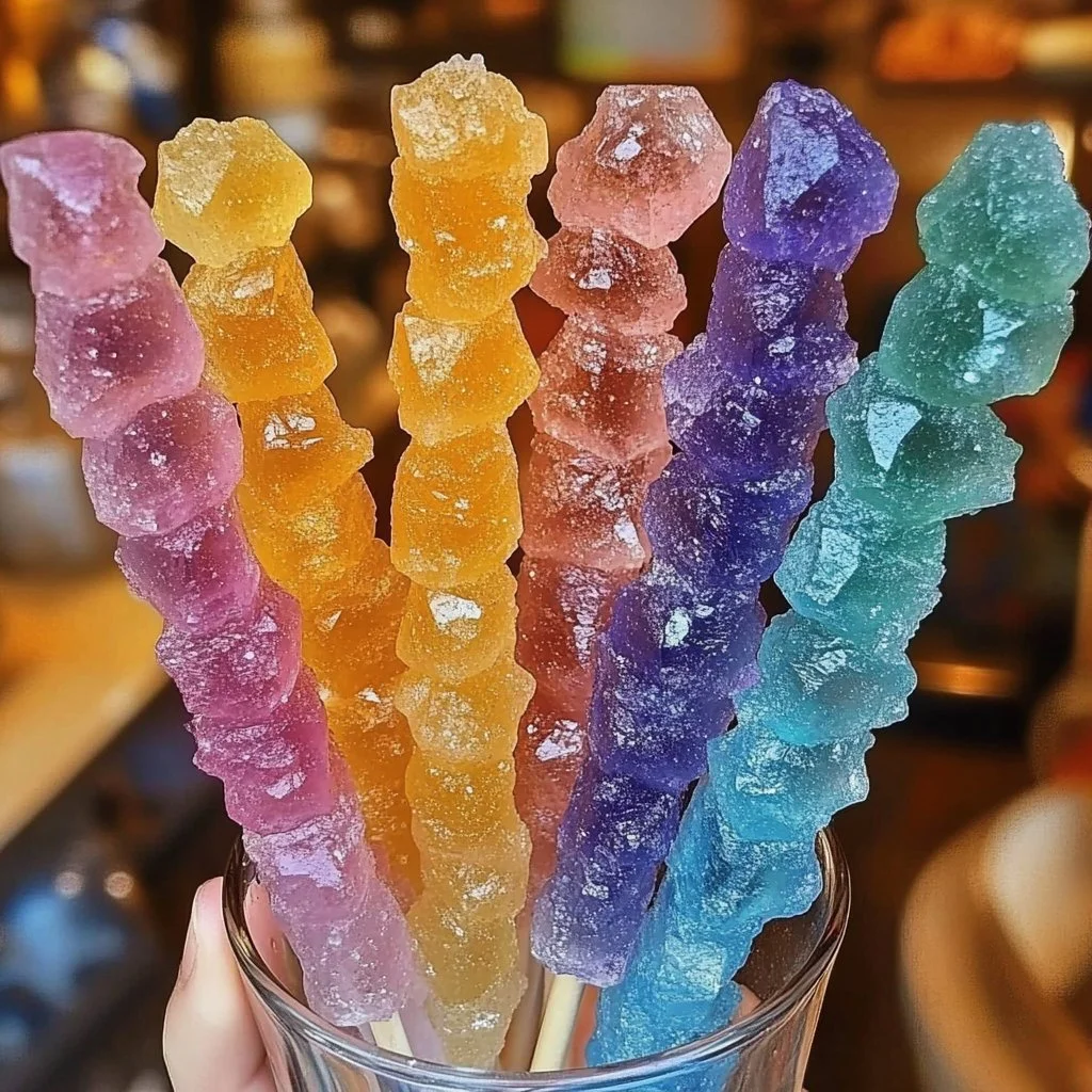Colorful Candy Galaxy rock candy sticks in various flavors on a decorative display
