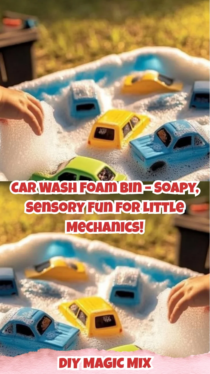 Children enjoying car wash foam play with bins and toys