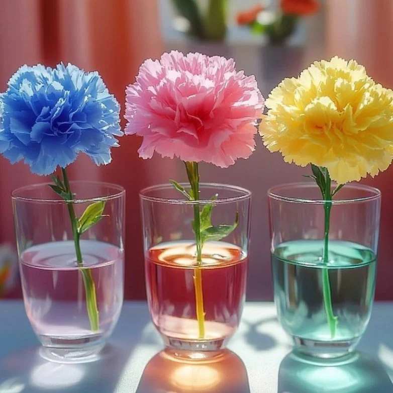 Experiment showcasing color changing flowers in a scientific demonstration.