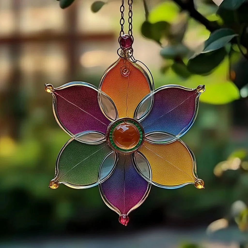 Vibrant colorful glue suncatcher hanging in sunlight, showcasing creative designs.