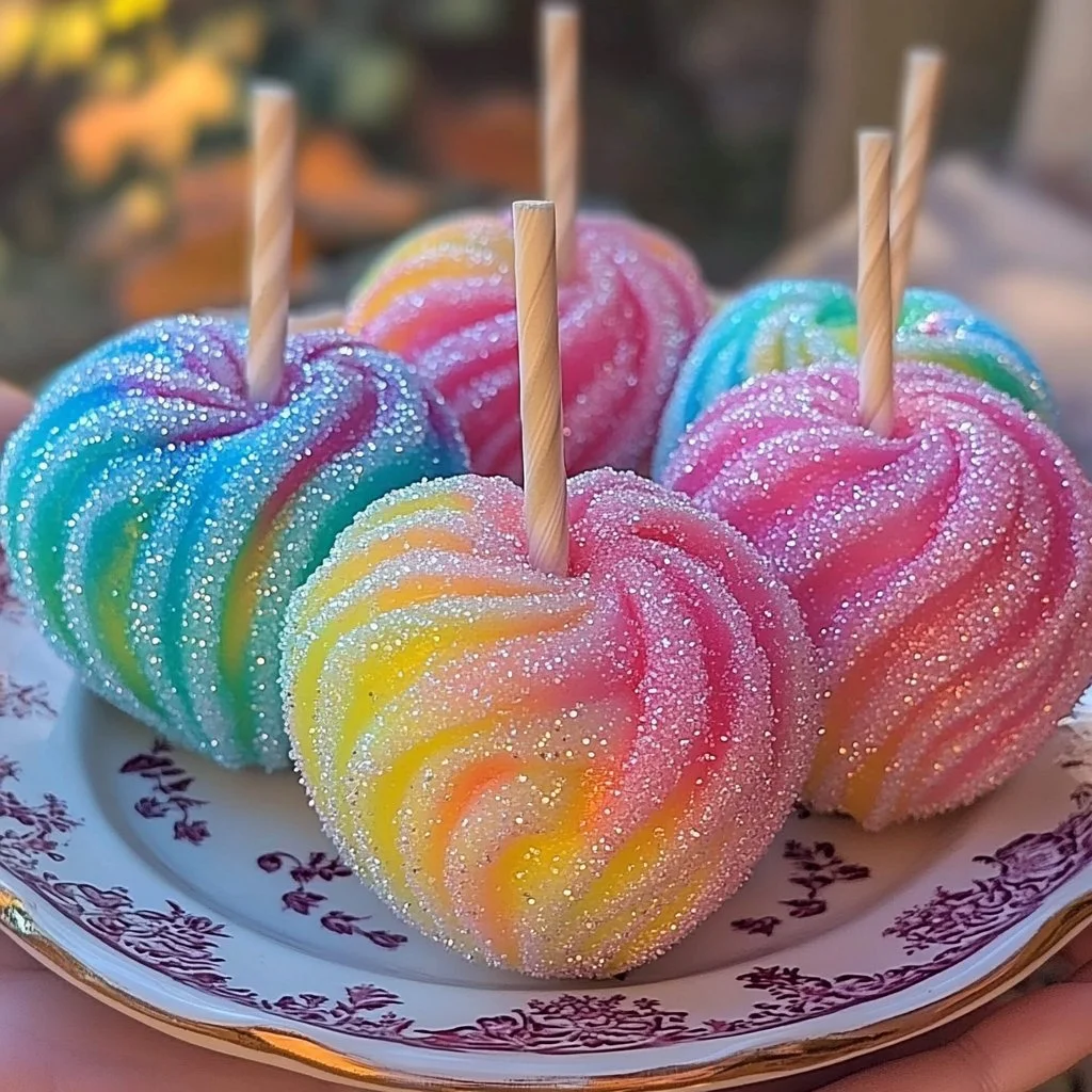 Delicious cotton candy swirl candy apples ready for a delightful treat.
