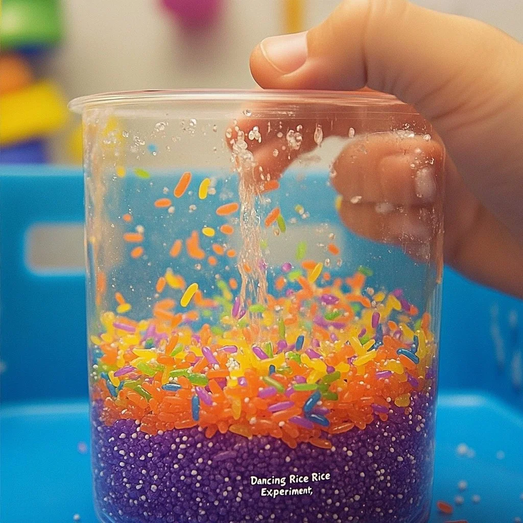 Dancing Rice Experiment showcasing rice grains moving in water due to carbon dioxide.