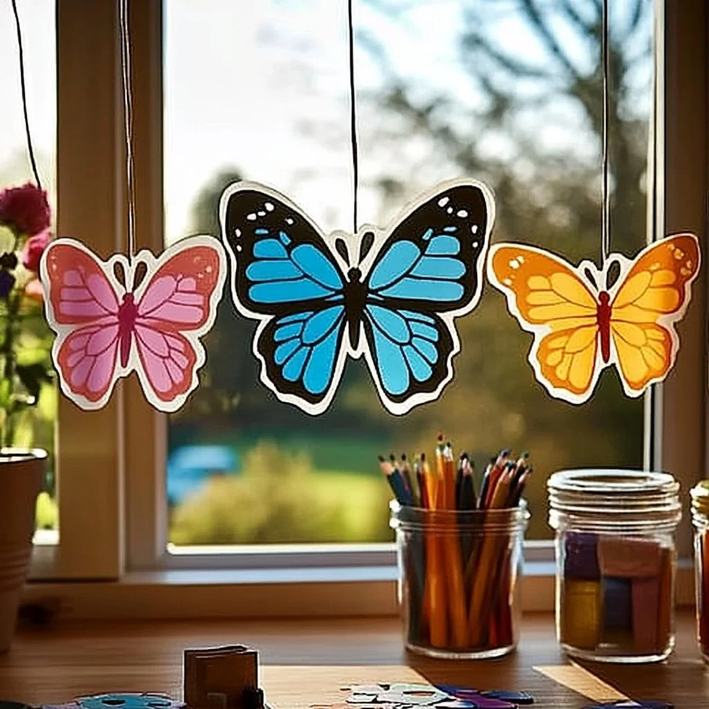 DIY butterfly suncatcher made with colorful materials for window decoration