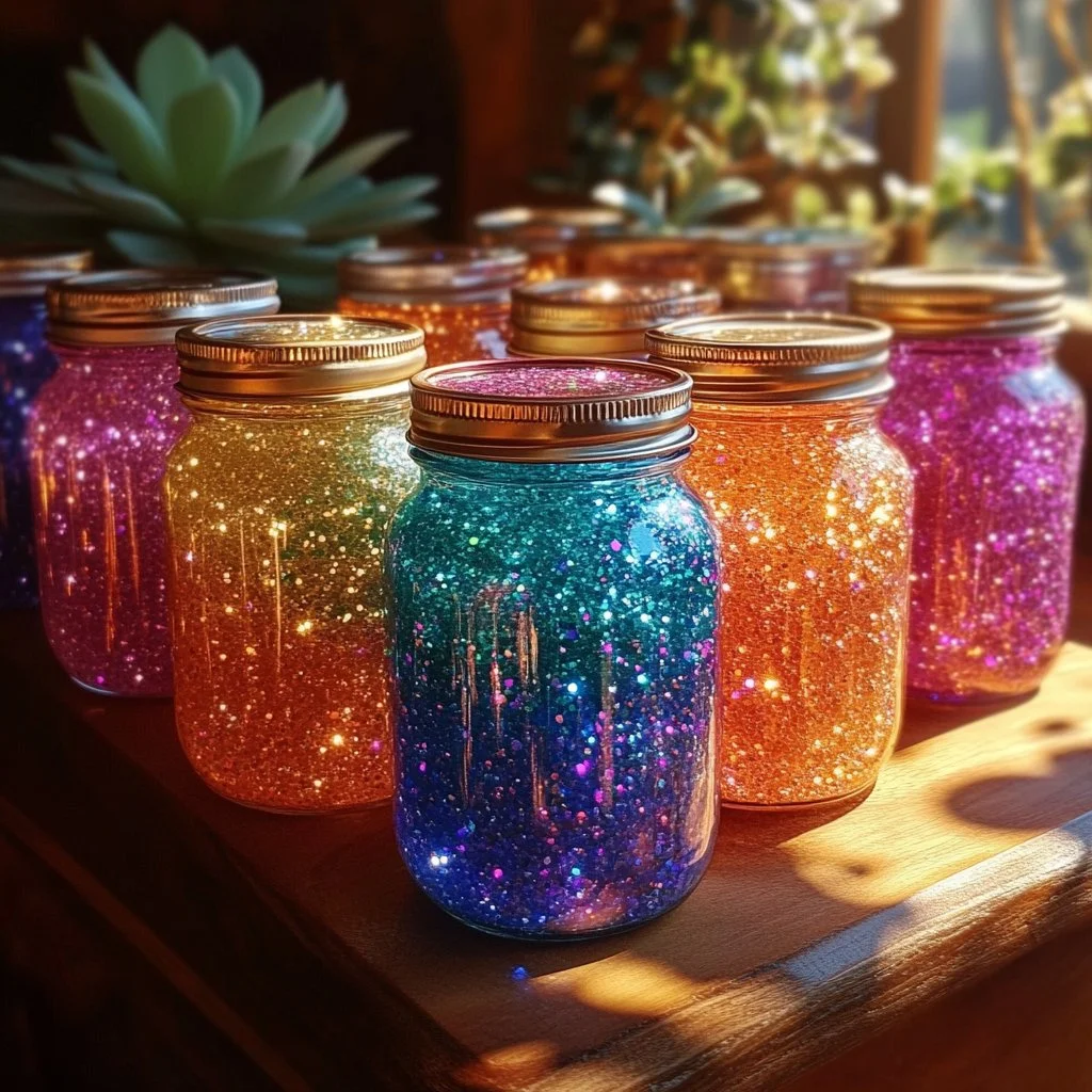 Colorful DIY glitter gel air fresheners in glass jars