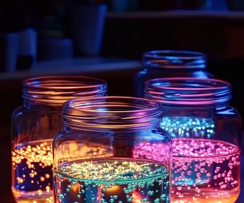 A colorful DIY glowing bubble lamp illuminating a cozy room