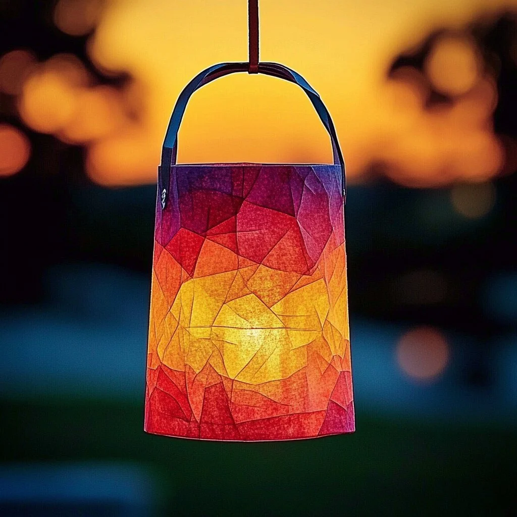 Colorful DIY kids lantern made from recycled materials and decorated with art.