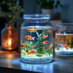 DIY mini aquarium design with colorful plants and fish for home decor.