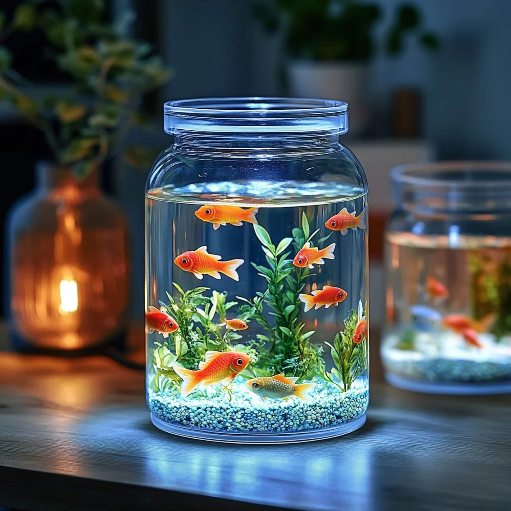 DIY mini aquarium design with colorful plants and fish for home decor.