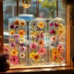 Eco-friendly bioplastic suncatchers in vibrant colors hanging in sunlight.