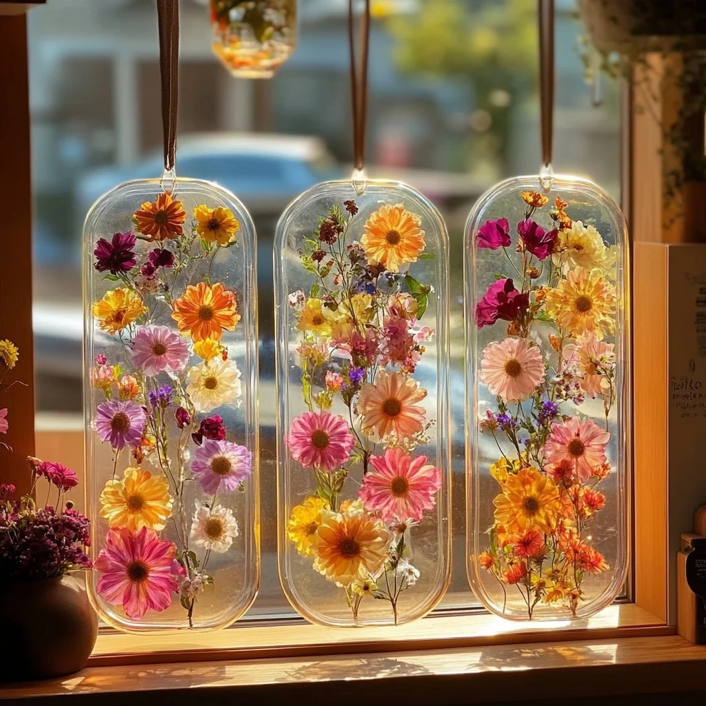 Eco-friendly bioplastic suncatchers in vibrant colors hanging in sunlight.