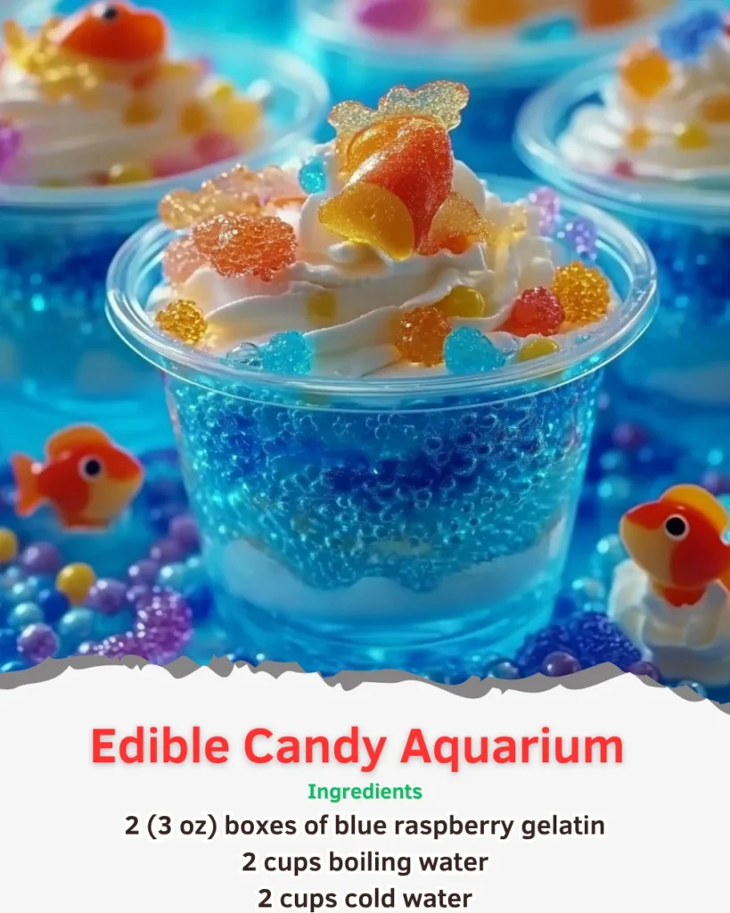 Colorful edible candy aquarium filled with assorted sweets and treats