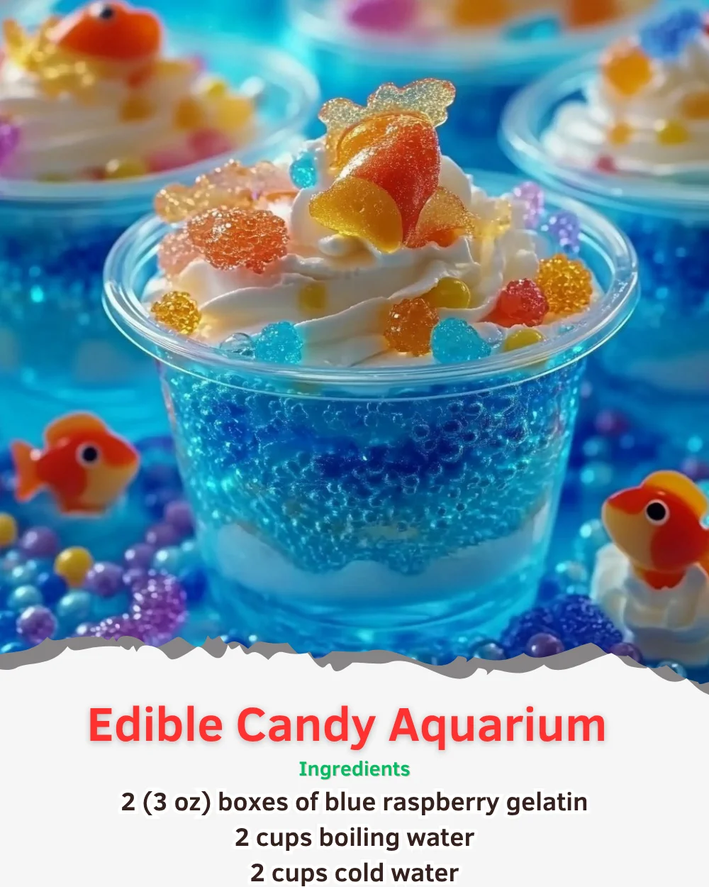 Colorful edible candy aquarium filled with assorted sweets and treats
