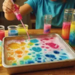 Kids experimenting with baking soda and vinegar to create fizzing colors