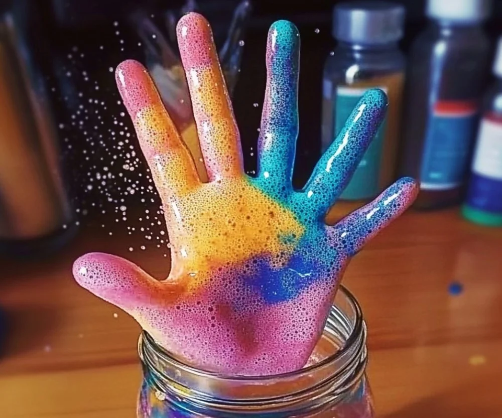 A child performing the Fizzing Hands Experiment with colorful reactions.