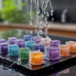 Colorful fizzing ice cubes in a science experiment for kids