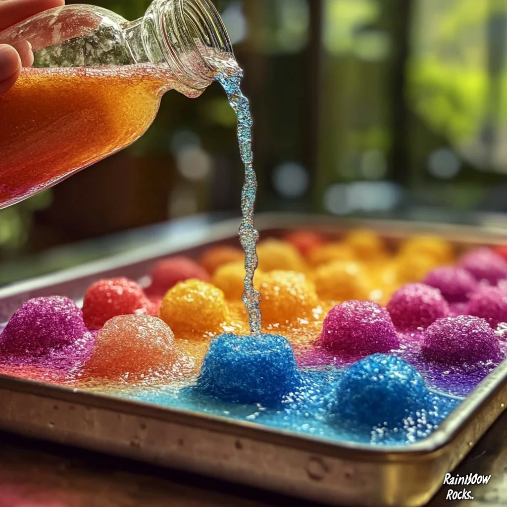 Children conducting the Fizzy Rainbow Rocks experiment with colorful reactions.