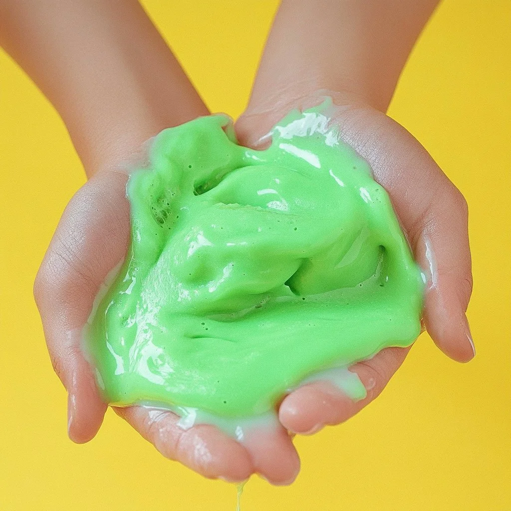 Fluffy green slime, safe for kids, perfect for play and creativity.