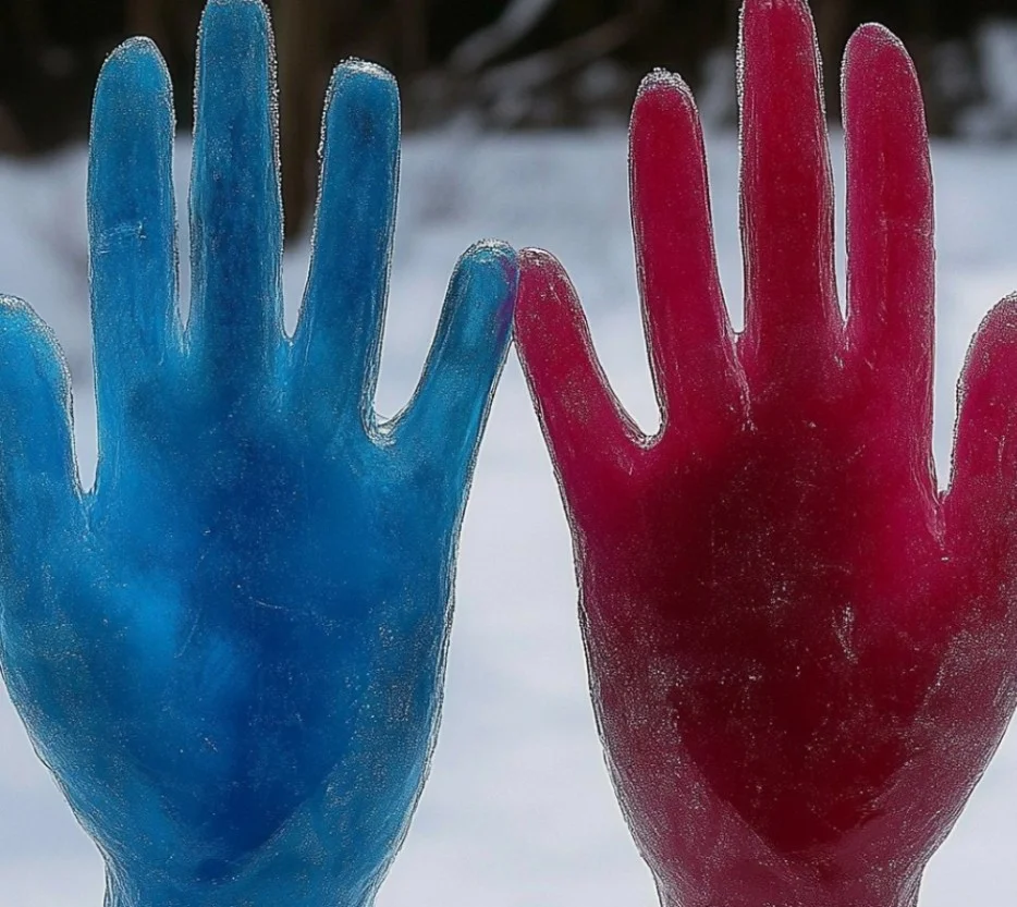 Person experiencing frozen ice hands due to severe cold exposure.