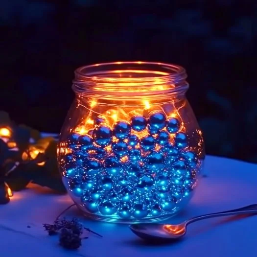 Container of glow-in-the-dark bubbles with vibrant colors in a dark setting