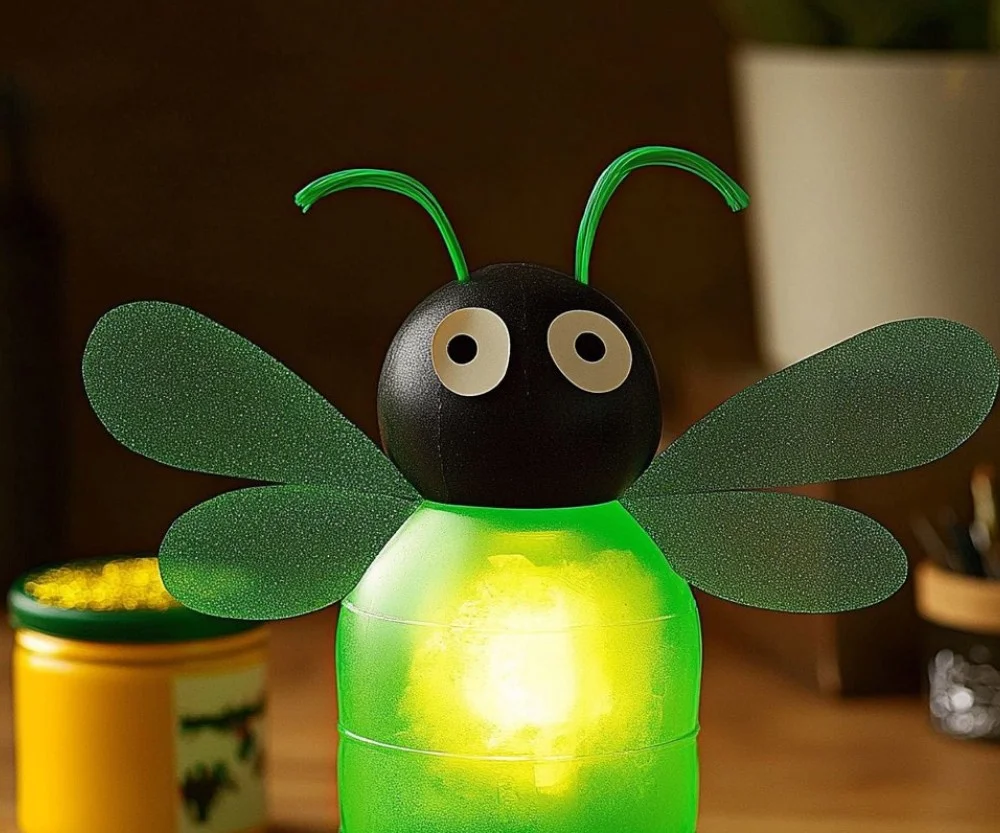 A beautiful scene of glow-in-the-dark fireflies illuminating a dark garden.