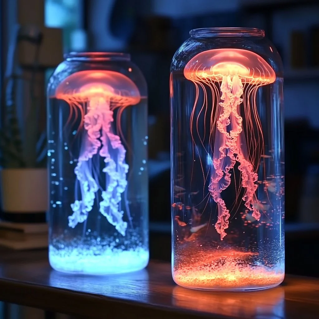 Glow in the Dark Mini Jellyfish Tank showcasing vibrant jellyfish in motion.