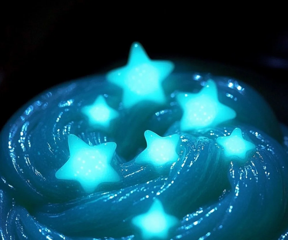 A jar of vibrant glow in the dark slime shining brightly in a dark room.
